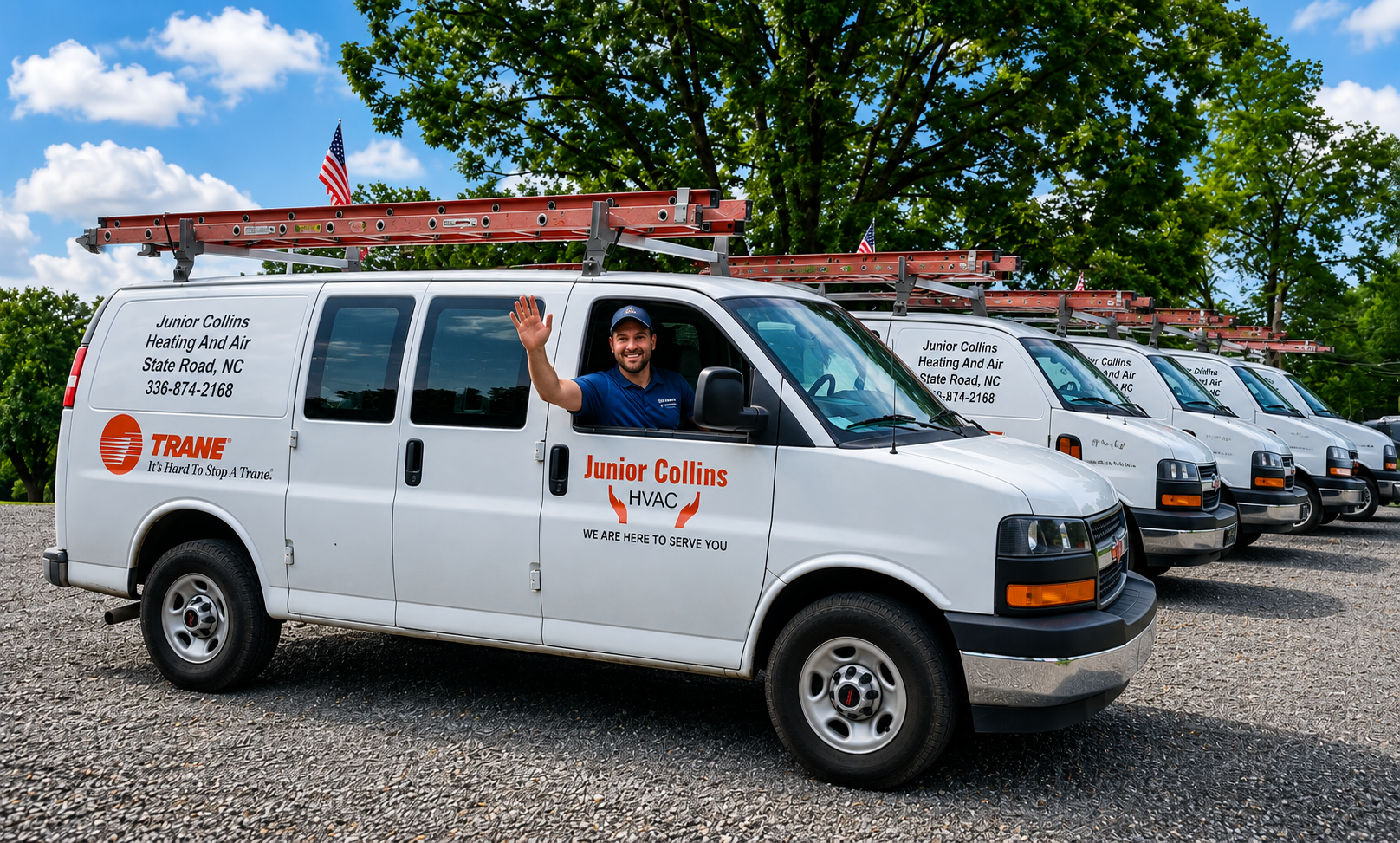 Junior Collins HVAC technician waving from service van — State Road, NC