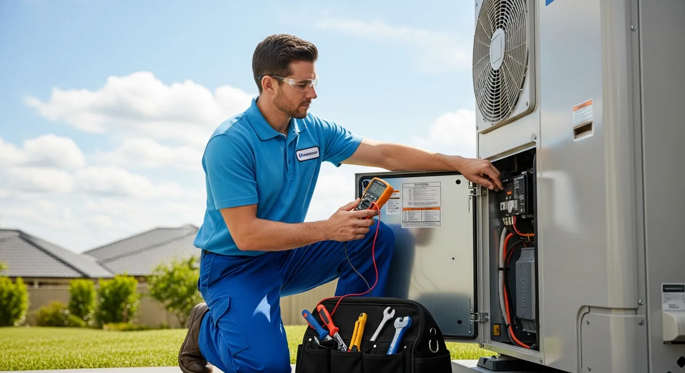 HVAC technician performing seasonal maintenance inspection on residential system